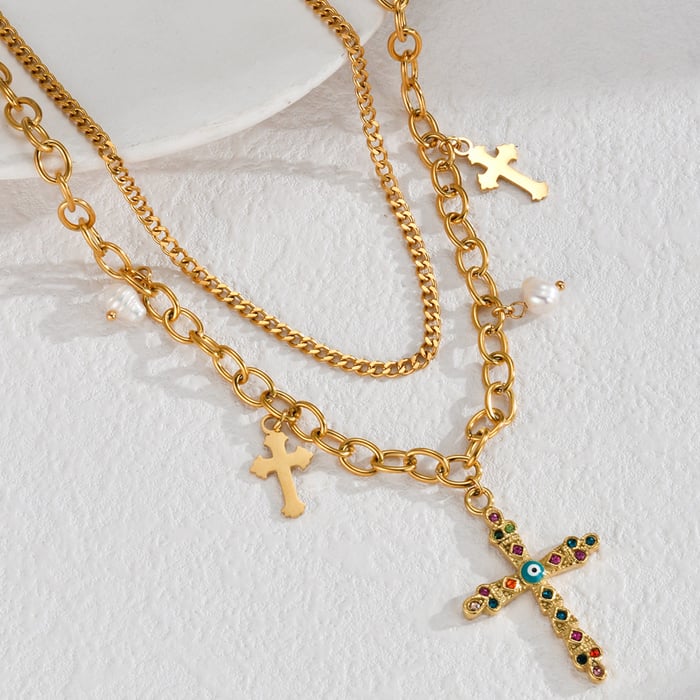 1 Piece Luxurious Fashionable Style Cross Shape Stainless Steel  Gold Color Inlay Artificial Pearl Women's Pendant necklaces 